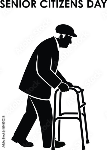 Vector art of a silhouette of an elderly man using a walker senior citizens day