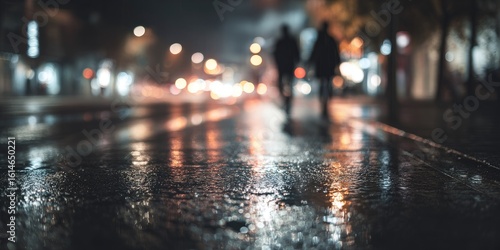 Rainy night city street, blurred figures walking