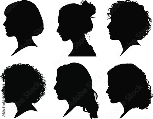 Female head profile silhouette vector collection with various hairstyles and elegant woman face in side view