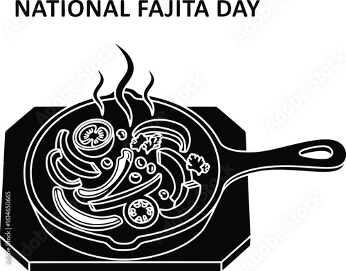 Vector art of a sizzling pan of fajitas with vegetables and meat