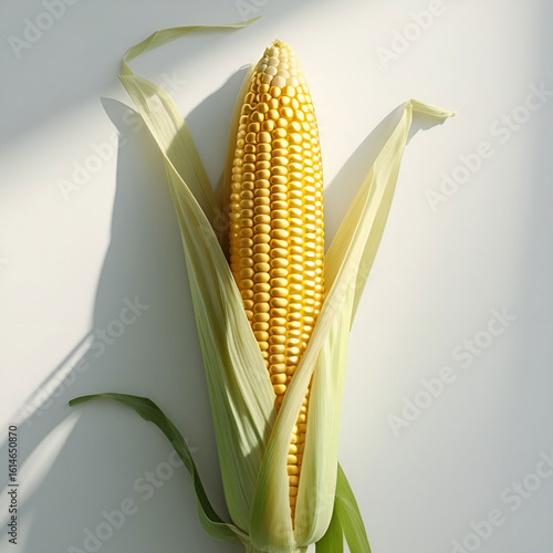 Single ear of corn with bright yellow kernels and partial green husk.