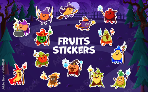 Halloween mage, witch and sorcerer fruit characters stickers pack. Peach, orange and mango, plum, pomegranate, watermelon and wizard or sorcerer with magic scepter cartoon vector personages stickers