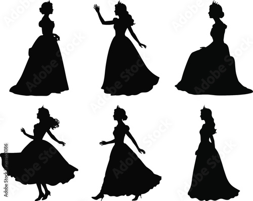 Princess dress silhouette vector set showing elegant woman in gown, tiara, and royal pose for fairytale and fantasy design