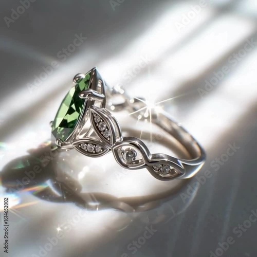 Close-Up of Elegant Green Gemstone Engagement Ring with Diamond Accents