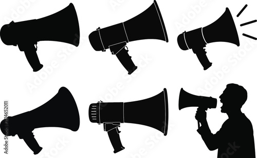 Megaphone and announcement silhouette vector set featuring different loudspeaker designs and a man shouting for communication