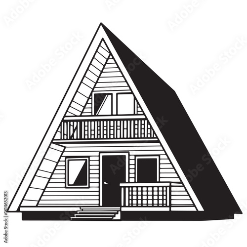 Vector illustration of a simple and modern a frame cabin with a balcony and porch