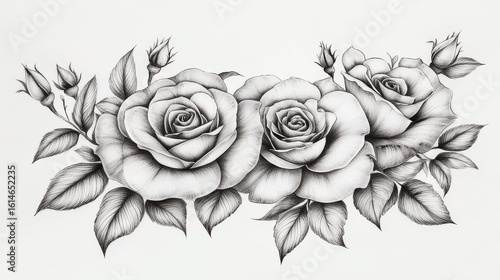 Wallpaper Mural An intricate grayscale illustration of a rose bouquet, showcasing delicate details. Torontodigital.ca