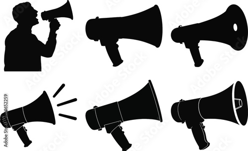 Megaphone and announcement silhouette vector illustration with various loudspeaker designs and a man shouting for communication
