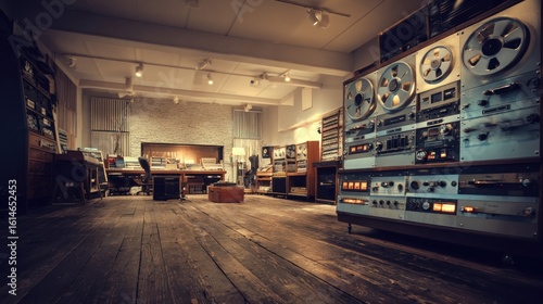 Classic Analog Studio with Large Reel Tape Array and Professional Mixing Console