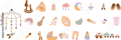 Newborn baby items set and elements in flat design. Bundle of kid toys, bodysuit, teddy bear, pacifier, unicorn, rattle, diaper, booties and other decor isolated stickers. Vector illustration