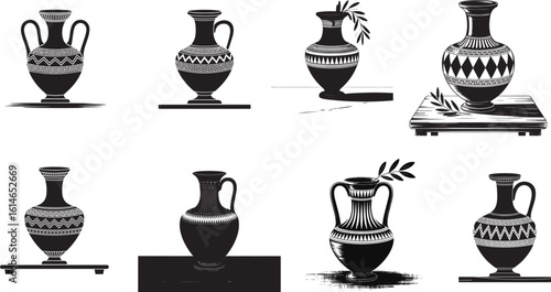 Ancient greek pottery vessels with geometric patterns