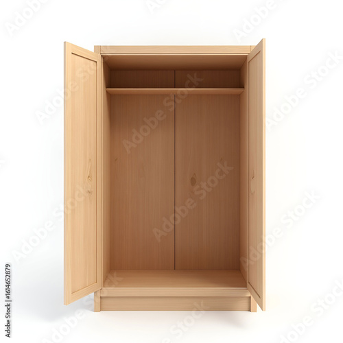 3D illustration of an empty open wooden wardrobe.
