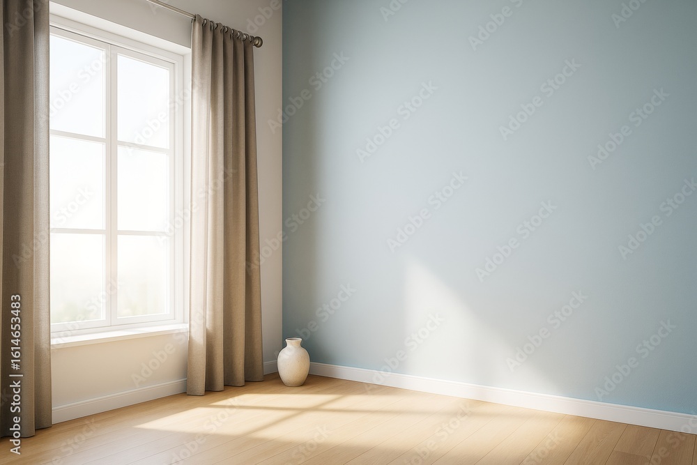 Fototapeta premium Sunlit modern empty room with light blue wall, beige curtains, and wooden floor featuring soft natural lighting and minimalist decor.
