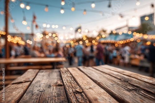 Rustic wooden table in focus, blurry outdoor market background at dusk