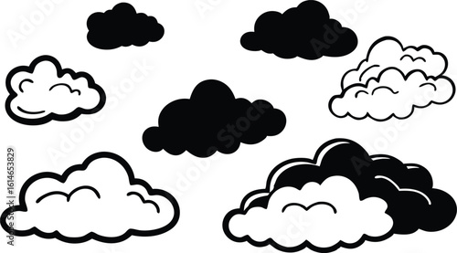 Collection of fluffy cartoon clouds in black silhouette
