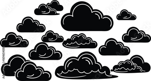 Collection of fluffy black cloud shapes in silhouette