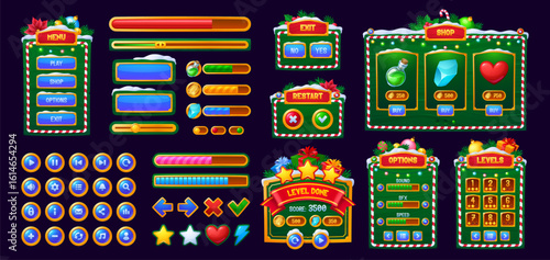 Christmas holiday game interface menu panel buttons and bars asset. Vector festive ui elements, icons, sliders and boards for Xmas video game, adorned with candy canes, ornaments, snow and poinsettias