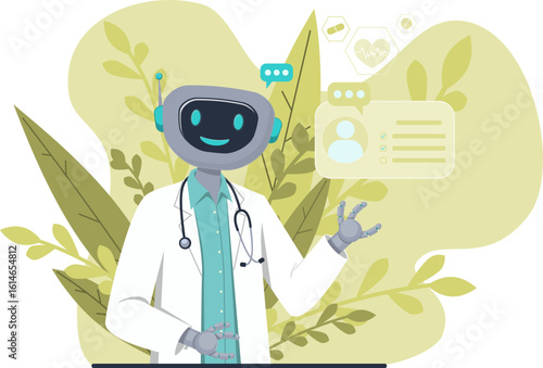 Illustration of a cheerful robot doctor in a lab coat with a stethoscope, interacting with medical data and icons. Concept for robotization in modern healthcare systems. Robot doctor with plants.
