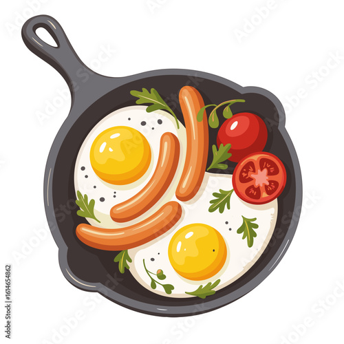Breakfast skillet with fried eggs, sausages, and tomatoes  