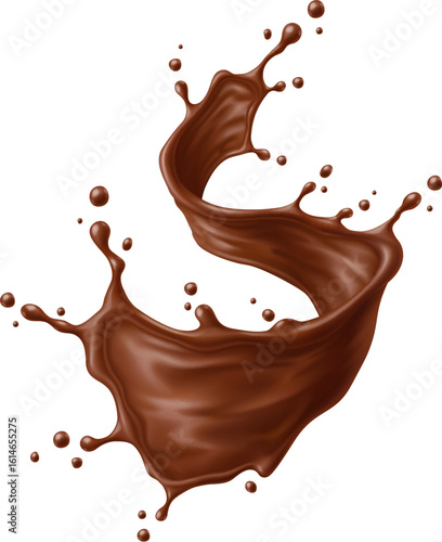 Chocolate drink flow splash wave. Realistic 3d vector twisting stream of chocolate forms an S curve mid air, surrounded by scattered droplets. Dessert food with silky, rich texture evokes indulgence