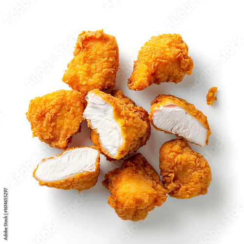 Crispy breaded chicken pieces with one cut open to show the tender white meat inside, arranged on a white background.