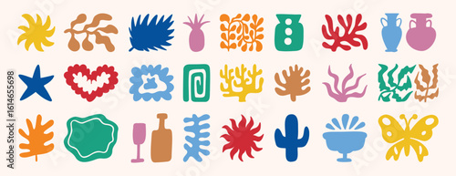 abstract matisse organic shapes set. leaf, plants, cactus, vase collage style. Contemporary aesthetic colorful element collection