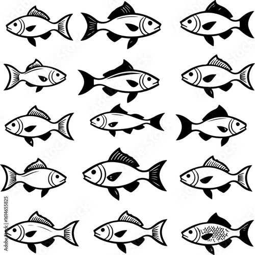 A versatile collection of black and white fish illustrations, perfect for representing aquatic life, fishing themes, or seafood in a stylized, bold graphic.