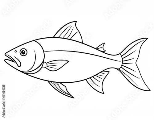 Black Outline Illustration of a Fish: Minimalist Aquatic Animal Drawing in Side View with Clean Line Art Style for Marine Design, Seafood Label, and Nature Silhouette on White Background