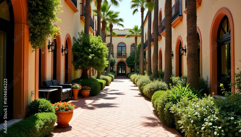 Fototapeta premium Tuscan Inspired Serenity A Beautiful Courtyard Landscape with Arched Architecture and Manicured Gardens Under a Warm Glow