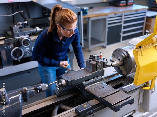 Metalworking engineer operating lathe machine in industry