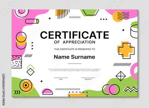 Diploma certificate template with geometric Memphis shapes. Vector appreciation frame, honor trophy with abstract figures, elements, vibrant colors, place for recipient name, date and signature