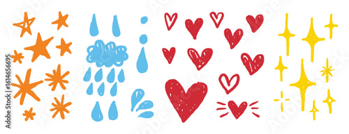 Cute pencil crayon textured hearts, drops, stars set. simple doodle hand drawn emotional icons symbols