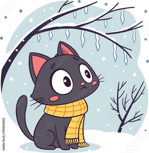 Portrait of a cute black cat in cold winter wearing vector with white background