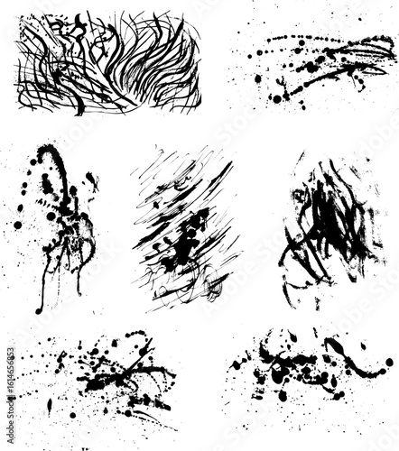 Collection of high-contrast black brush, ink splatters textures with various abstract stains, drips, and blot effects. Abstract grunge design element is for versatile design use, dirty texture.