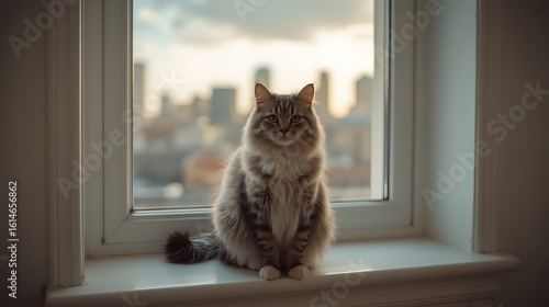 Wallpaper Mural Cat sitting on a windowsill looking out at a city skyline during sunset Torontodigital.ca