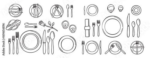 Table settings serving with plate, forks, spoons, knife. Table etiquette. doodle hand drawn icon set. Outline drawing line clipart symbol collection