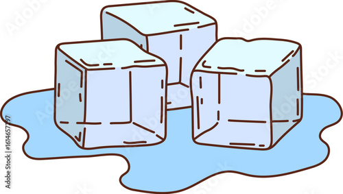 Retro groovy cocktail drink melting ice cubes. Three cold and wet icy blocks, frozen clear water groovy retro vector symbol. Bar chill drink ice cubes melting in water puddle funky sticker or icon