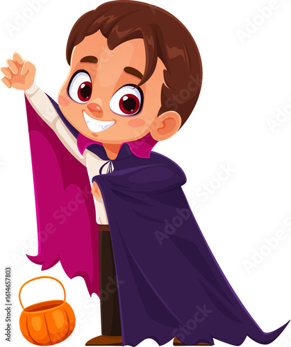 Kid Halloween party, happy cartoon boy dressed as a vampire poses confidently with a toothy grin, wearing a dark purple cape and holding a pumpkin basket, ready for trick or treating and festive fun