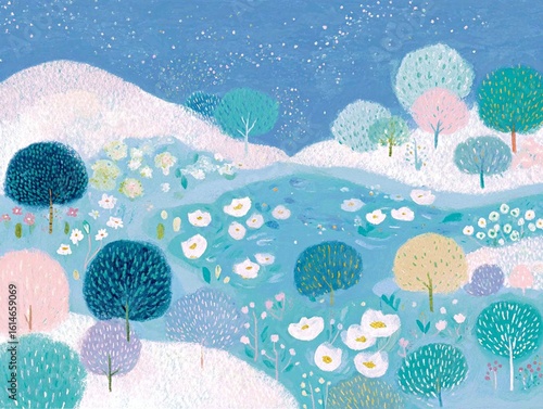 Whimsical fantasy landscape with a river and colorful pastel trees　generated by AI