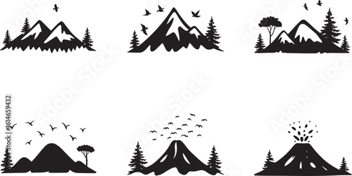 Minimalist black silhouette set depicting diverse mountain and forest landscapes, featuring snowy peaks, pine forests, and erupting volcanoes.