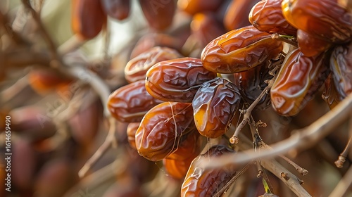 An abstract close-up of dates tightly clustered together on the branch