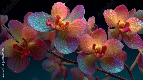 Closeup of Vibrant Rainbow Orchids with Dew Drops