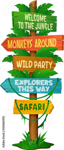 Jungle rain forest wooden signboard, tropical amusement park directional sign yard. Cartoon vector signpost with playful arrows reading phrases welcome to jungle, monkey around, safari, wild party