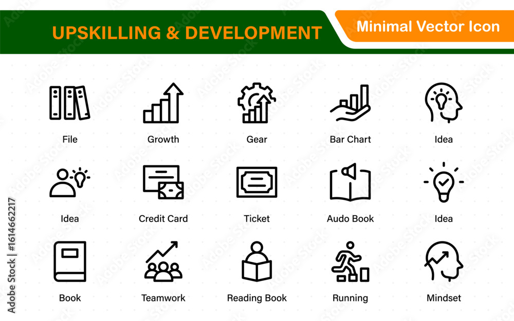 Obraz premium Upskilling and personal development icon pack in outline style. Includes icons for learning, training, education, career, and professional growth.