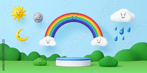 3d kids podium stage with weather characters. Cartoon vector natural landscape with round scene, smiling sun, moon, crescent, clouds, rainbow, raindrops and bushes with cheerful or playful expressions