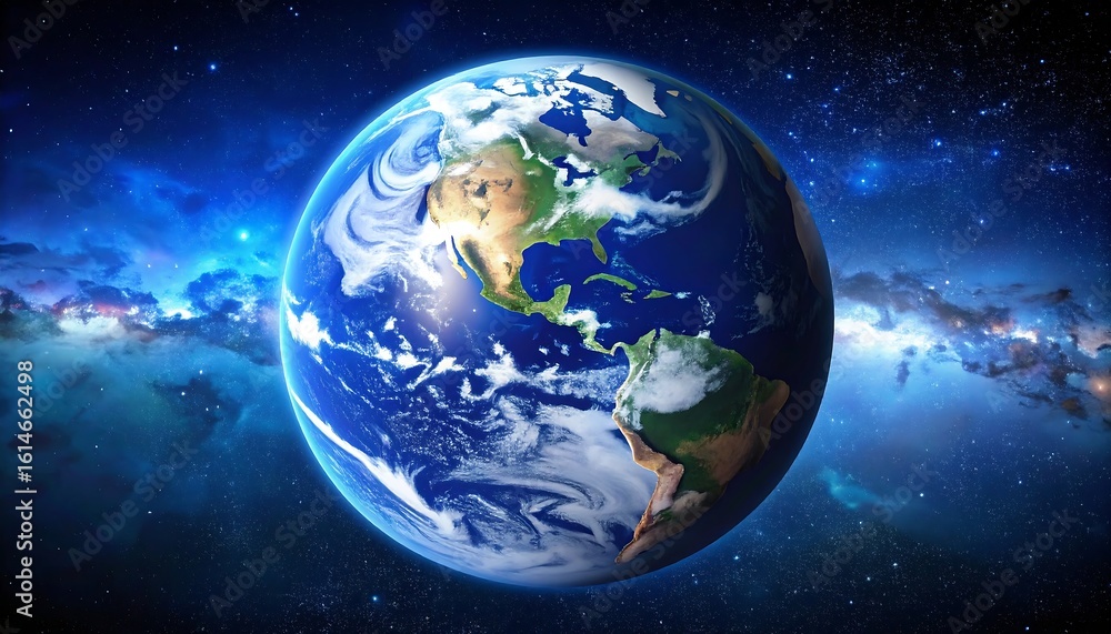 A detailed Earth image, centered against a cosmic backdrop A detailed Earth image, centered against a cosmic backdrop