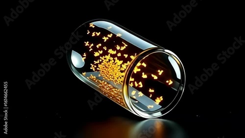 A mesmerizing scene unfolds as a floating glass capsule filled with dancing fireflies gently hovers and rotates, casting vibrant, shimmering reflections on a pure black background, each