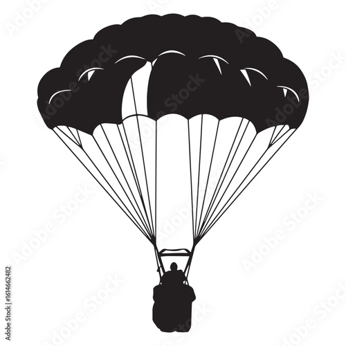 Black and white illustration of a parachute with a skydiver silhouette descending from the sky