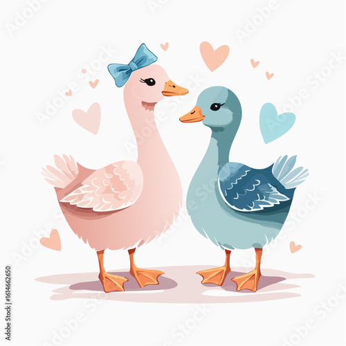 Charming watercolor geese, one with a bow. Perfect minimalist nursery art or baby product design in soft pastel colors.