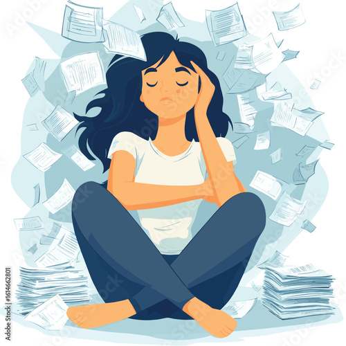 Stressed overwhelmed woman surrounded by deadlines